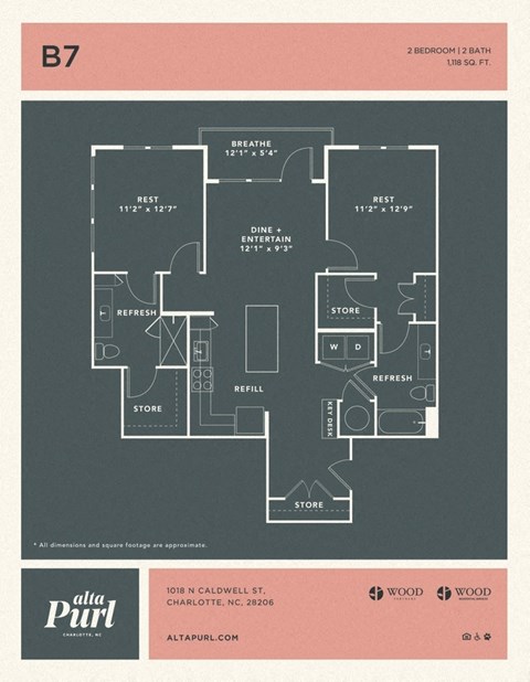 Floor plan for 2 beds, 2 baths, 1118 sqft